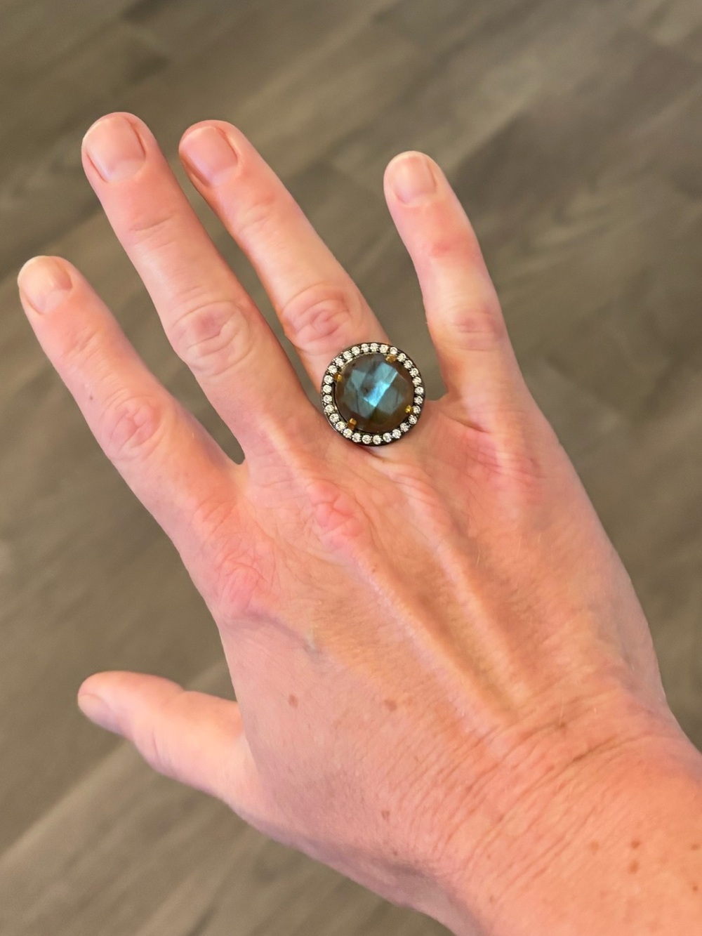 Round Smoky Blue Cocktail Ring with Pavé Halo - Women Jewelry